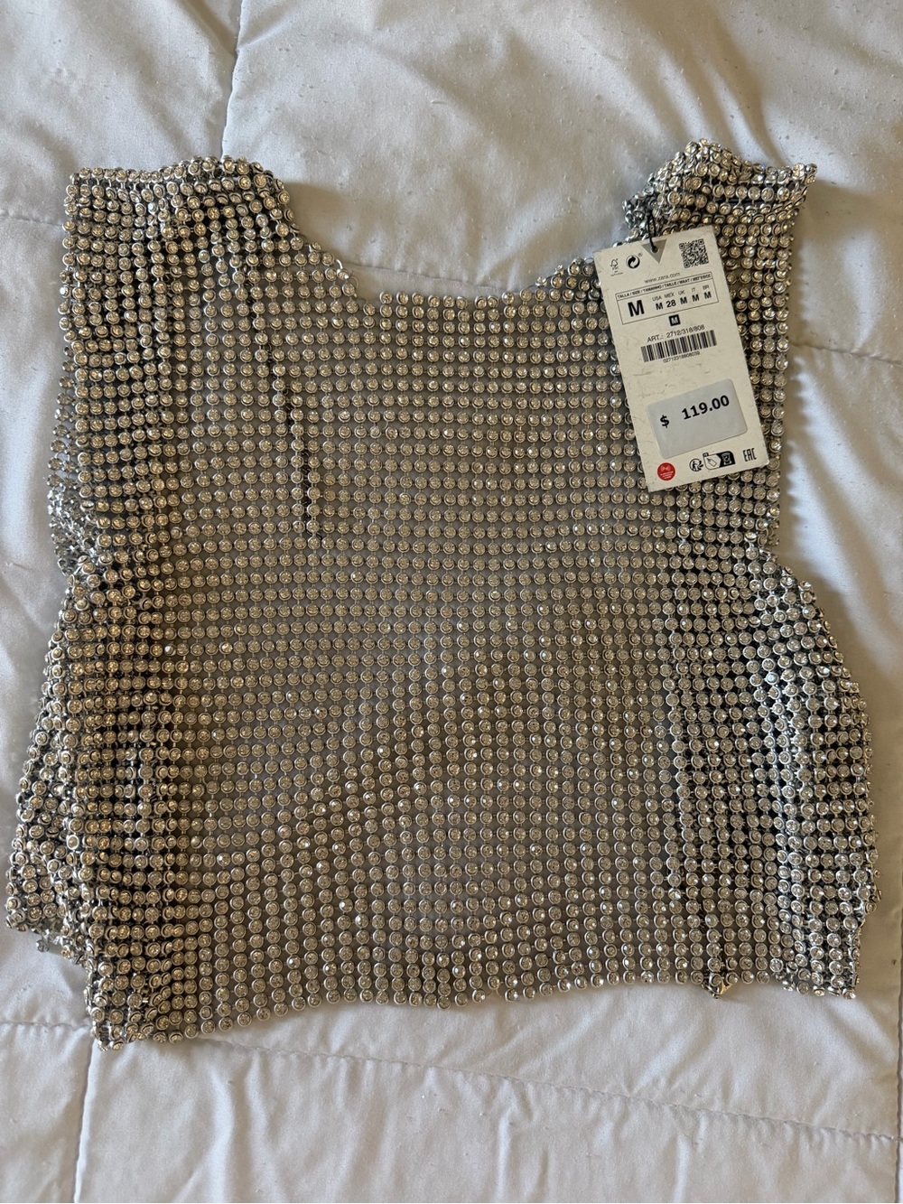Zara OPEN BACK RHINESTONE TOP SILVER Medium NWT